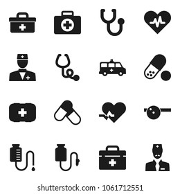 Flat vector icon set - pills vector, first aid kit, doctor bag, heart pulse, stethoscope, eye hat, amkbulance car, drop counter