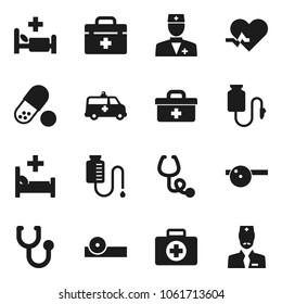 Flat vector icon set - pills vector, first aid kit, doctor bag, heart pulse, stethoscope, eye hat, hospital bed, amkbulance car, drop counter