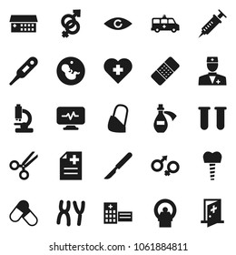 Flat vector icon set - pills vector, heart cross, doctor, thermometer, vial, eye, gender sign, pregnancy, syringe, scissors, scalpel, patch, microscope, chromosomes, anamnesis, hospital building