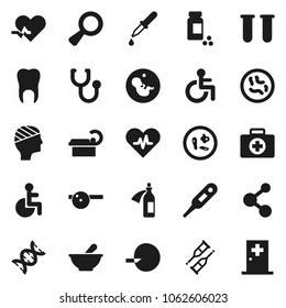 Flat vector icon set - pills vial vector, molecule, first aid kit, disabled, heart pulse, thermometer, dna, magnifier, pregnancy, insemination, dropper, crutches, stethoscope, mortar, eye doctor hat