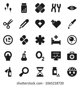 Flat vector icon set - pills vial vector, heart cross, first aid kit, oxygen, ambulance star, thermometer, flask, eye, magnifier, dropper, scissors, sand clock, patch, microbs, chromosomes, potion