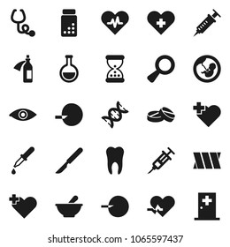 Flat vector icon set - pills vial vector, heart cross, pulse, flask, eye, dna, magnifier, pregnancy, insemination, syringe, dropper, scalpel, sand clock, stethoscope, mortar, potion, bandage, tooth