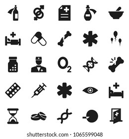 Flat vector icon set - pills vector, oxygen, ambulance star, doctor, eye, gender sign, dna, insemination, syringe, broken bone, sand clock, bottle, blister, mortar, anamnesis, hospital bed, potion