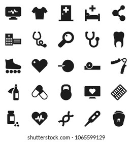 Flat vector icon set - pills vial vector, hand trainer, t shirt, roller Skates, molecule, heart monitor, weight, pulse, thermometer, dna, magnifier, insemination, stethoscope, blister, hospital bed
