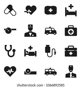 Flat vector icon set - pills vector, first aid kit, doctor bag, heart pulse, stethoscope, eye hat, hospital bed, amkbulance car, drop counter
