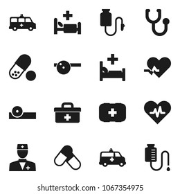 Flat vector icon set - pills vector, first aid kit, doctor bag, heart pulse, stethoscope, eye hat, hospital bed, amkbulance car, drop counter