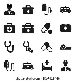 Flat vector icon set - pills vector, first aid kit, doctor bag, stethoscope, eye hat, hospital bed, ambulance car, drop counter