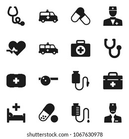 Flat vector icon set - pills vector, first aid kit, doctor bag, heart pulse, stethoscope, eye hat, hospital bed, ambulance car, drop counter