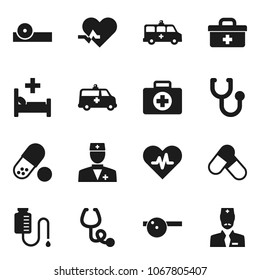 Flat vector icon set - pills vector, first aid kit, doctor bag, heart pulse, stethoscope, eye hat, hospital bed, amkbulance car, drop counter
