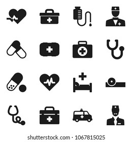 Flat vector icon set - pills vector, first aid kit, doctor bag, heart pulse, stethoscope, eye hat, hospital bed, amkbulance car, drop counter
