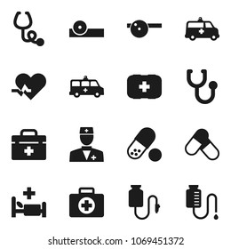 Flat vector icon set - pills vector, first aid kit, doctor bag, heart pulse, stethoscope, eye hat, hospital bed, amkbulance car, drop counter