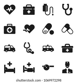 Flat vector icon set - pills vector, first aid kit, doctor bag, heart pulse, stethoscope, eye hat, hospital bed, amkbulance car, drop counter
