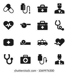 Flat vector icon set - pills vector, first aid kit, doctor bag, heart pulse, stethoscope, eye hat, amkbulance car, drop counter