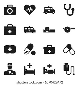 Flat vector icon set - pills vector, first aid kit, doctor bag, heart pulse, stethoscope, eye hat, hospital bed, amkbulance car, drop counter