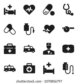 Flat vector icon set - pills vector, first aid kit, doctor bag, heart pulse, stethoscope, eye hat, hospital bed, amkbulance car, drop counter