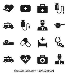 Flat vector icon set - pills vector, first aid kit, doctor bag, heart pulse, stethoscope, eye hat, hospital bed, amkbulance car, drop counter