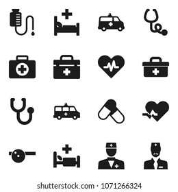Flat vector icon set - pills vector, first aid kit, doctor bag, heart pulse, stethoscope, eye hat, hospital bed, amkbulance car, drop counter