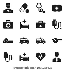 Flat vector icon set - pills vector, first aid kit, doctor bag, heart pulse, stethoscope, eye hat, hospital bed, amkbulance car, drop counter