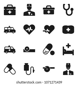 Flat vector icon set - pills vector, first aid kit, doctor bag, heart pulse, stethoscope, eye hat, hospital bed, amkbulance car, drop counter