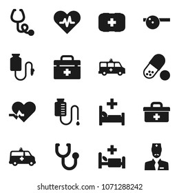 Flat vector icon set - pills vector, first aid kit, doctor bag, heart pulse, stethoscope, eye hat, hospital bed, amkbulance car, drop counter
