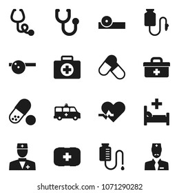 Flat vector icon set - pills vector, first aid kit, doctor bag, heart pulse, stethoscope, eye hat, hospital bed, amkbulance car, drop counter