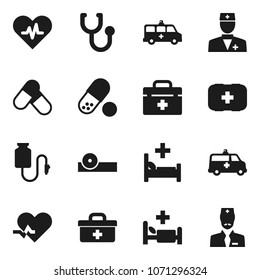 Flat vector icon set - pills vector, first aid kit, doctor bag, heart pulse, stethoscope, eye hat, hospital bed, amkbulance car, drop counter