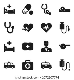 Flat vector icon set - pills vector, first aid kit, heart pulse, doctor, stethoscope, eye hat, hospital bed, amkbulance car, drop counter
