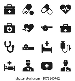 Flat vector icon set - pills vector, first aid kit, doctor bag, heart pulse, stethoscope, eye hat, hospital bed, drop counter