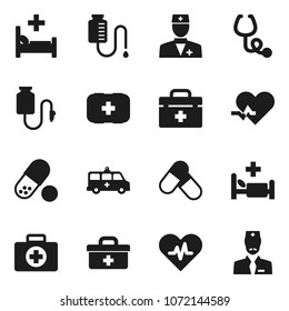 Flat vector icon set - pills vector, first aid kit, doctor bag, heart pulse, stethoscope, hospital bed, amkbulance car, drop counter