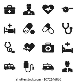 Flat vector icon set - pills vector, first aid kit, doctor bag, heart pulse, stethoscope, eye hat, hospital bed, amkbulance car, drop counter