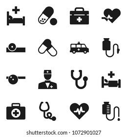 Flat vector icon set - pills vector, first aid kit, doctor bag, heart pulse, stethoscope, eye hat, hospital bed, amkbulance car, drop counter