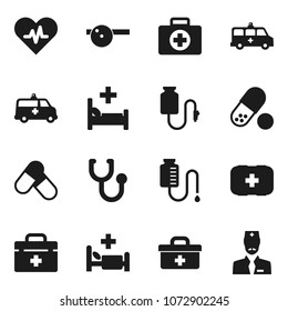 Flat vector icon set - pills vector, first aid kit, doctor bag, heart pulse, stethoscope, eye hat, hospital bed, amkbulance car, drop counter