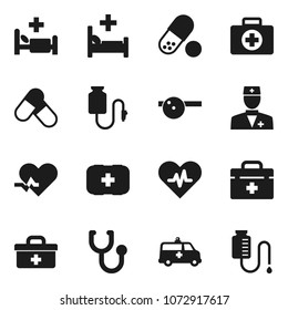 Flat vector icon set - pills vector, first aid kit, doctor bag, heart pulse, stethoscope, eye hat, hospital bed, amkbulance car, drop counter