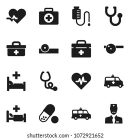 Flat vector icon set - pills vector, first aid kit, doctor bag, heart pulse, stethoscope, eye hat, hospital bed, amkbulance car, drop counter