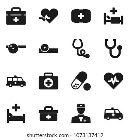 Flat vector icon set - pills vector, first aid kit, doctor bag, heart pulse, stethoscope, eye hat, hospital bed, amkbulance car