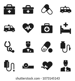 Flat vector icon set - pills vector, first aid kit, doctor bag, heart pulse, stethoscope, eye hat, hospital bed, amkbulance car, drop counter