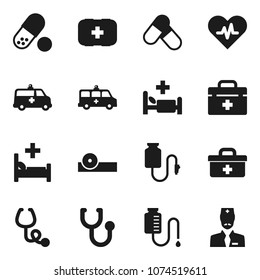 Flat vector icon set - pills vector, first aid kit, doctor bag, heart pulse, stethoscope, eye hat, hospital bed, amkbulance car, drop counter