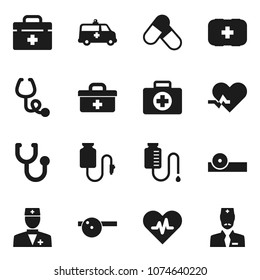 Flat vector icon set - pills vector, first aid kit, doctor bag, heart pulse, stethoscope, eye hat, amkbulance car, drop counter