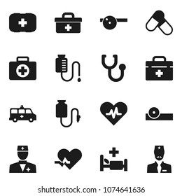 Flat vector icon set - pills vector, first aid kit, doctor bag, heart pulse, stethoscope, eye hat, hospital bed, amkbulance car, drop counter