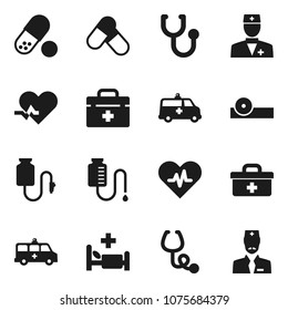 Flat vector icon set - pills vector, doctor bag, heart pulse, stethoscope, eye hat, hospital bed, amkbulance car, drop counter
