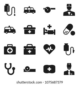 Flat vector icon set - pills vector, first aid kit, doctor bag, heart pulse, stethoscope, eye hat, hospital bed, amkbulance car, drop counter