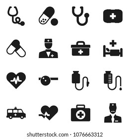 Flat vector icon set - pills vector, first aid kit, doctor bag, heart pulse, stethoscope, eye hat, hospital bed, amkbulance car, drop counter