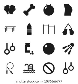 Flat vector icon set - pills vial vector, jump rope, horizontal bar, fitball, buttocks, boxing glove, water bottle, shuttlecock, pool, prohibition sign, bone, gymnast rings