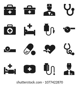 Flat vector icon set - pills vector, first aid kit, doctor bag, heart pulse, stethoscope, eye hat, hospital bed, drop counter