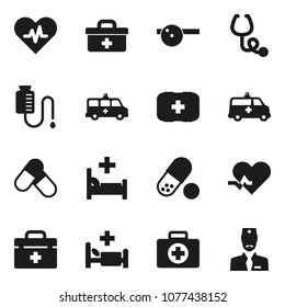 Flat vector icon set - pills vector, first aid kit, doctor bag, heart pulse, stethoscope, eye hat, hospital bed, amkbulance car, drop counter