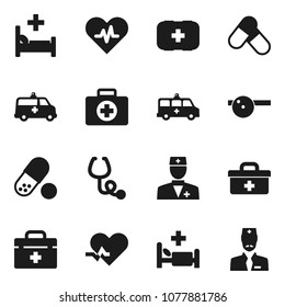 Flat vector icon set - pills vector, first aid kit, doctor bag, heart pulse, stethoscope, eye hat, hospital bed, amkbulance car