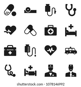 Flat vector icon set - pills vector, first aid kit, doctor bag, heart pulse, stethoscope, eye hat, hospital bed, amkbulance car, drop counter