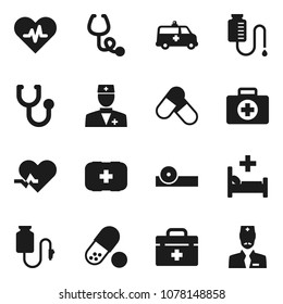 Flat vector icon set - pills vector, first aid kit, doctor bag, heart pulse, stethoscope, eye hat, hospital bed, amkbulance car, drop counter