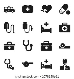 Flat vector icon set - pills vector, first aid kit, doctor bag, heart pulse, stethoscope, eye hat, hospital bed, amkbulance car, drop counter