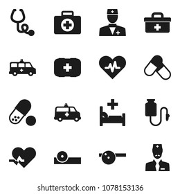 Flat vector icon set - pills vector, first aid kit, doctor bag, heart pulse, stethoscope, eye hat, hospital bed, amkbulance car, drop counter